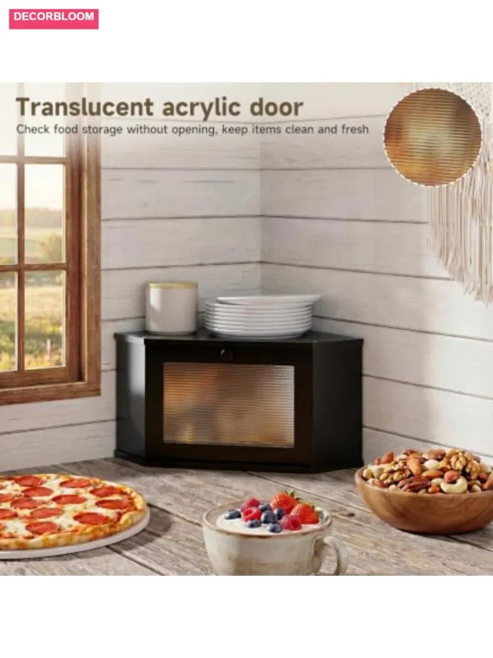 Corner Bread Box Kitchen Countertop Storage Bamboo Acrylic Door